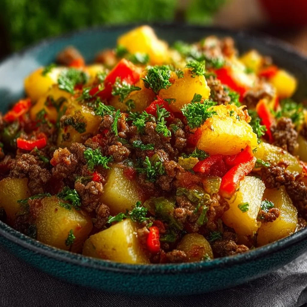 Delicious Slow Cooker Hamburger Hash served in a bowl with fresh herbs.
