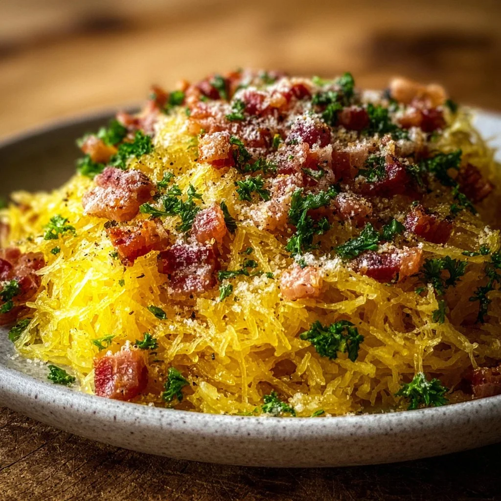 Spaghetti Squash Carbonara 3 Delicious Spaghetti Squash Carbonara topped with creamy sauce and herbs
