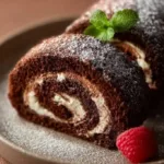 Delicious homemade Swiss Roll Cake with cream filling and a dusting of powdered sugar