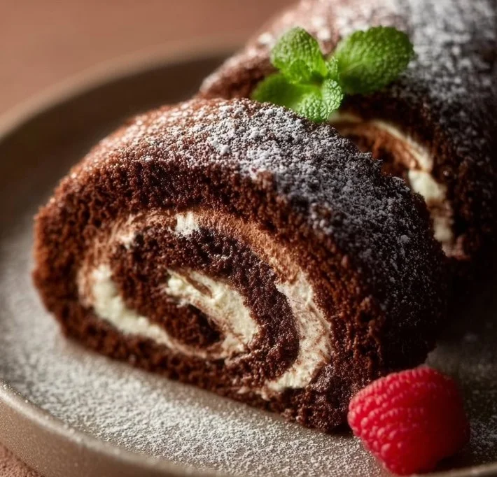 Swiss Roll Cake 4 Delicious homemade Swiss Roll Cake with cream filling and a dusting of powdered sugar