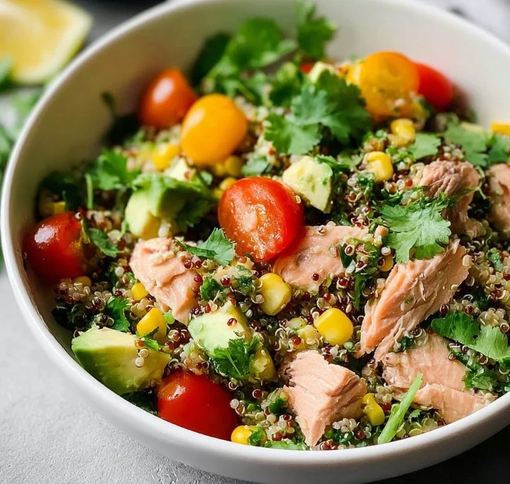 Delicious Tuna Quinoa Salad with fresh vegetables and dressing