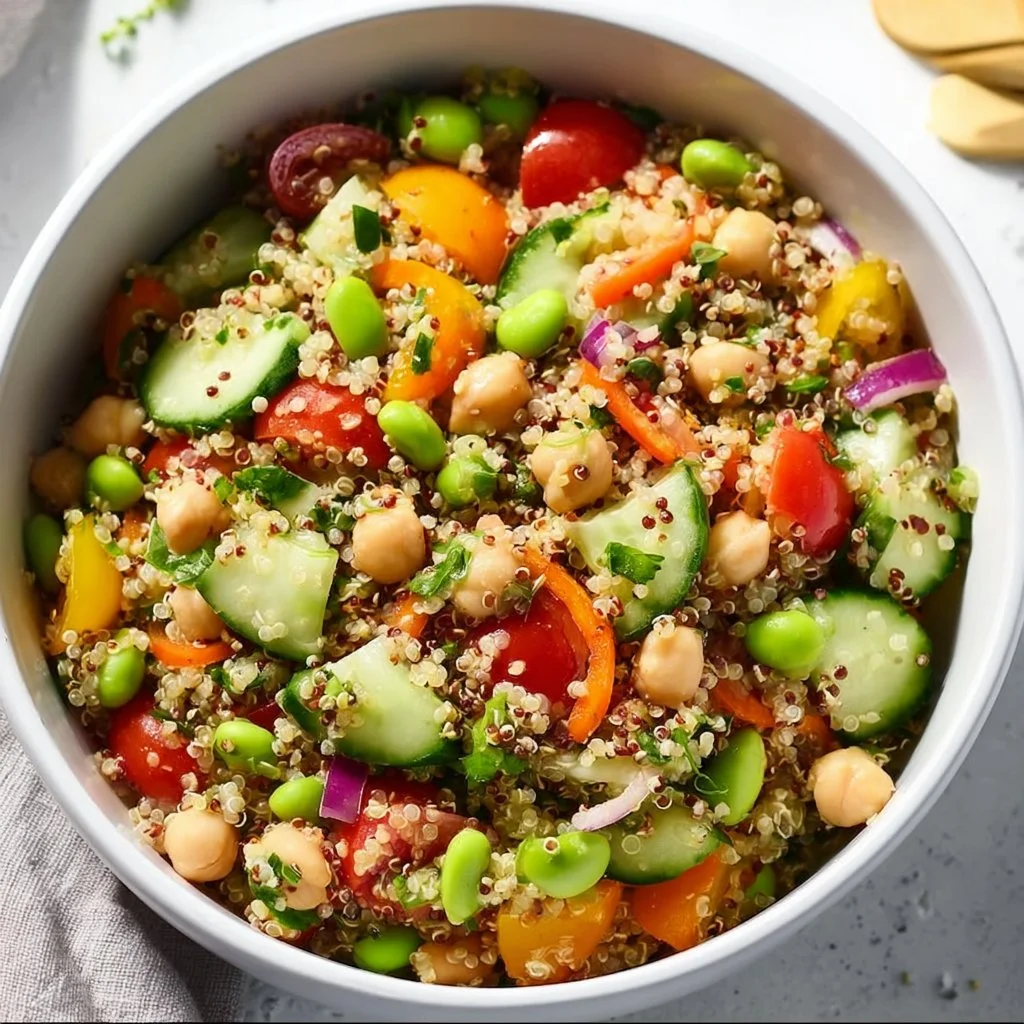 Colorful vegan quinoa salad with fresh vegetables and herbs